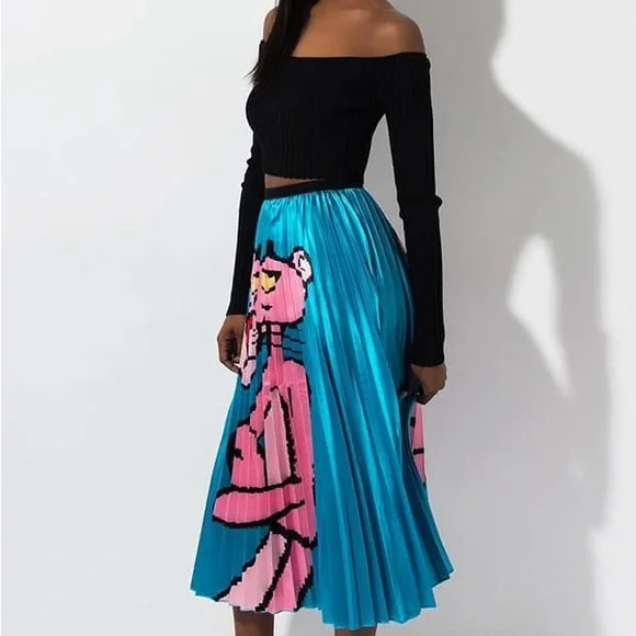Pleated Turquoise Pink Panther Graphic Midi Skirt - Picture 2 of 7